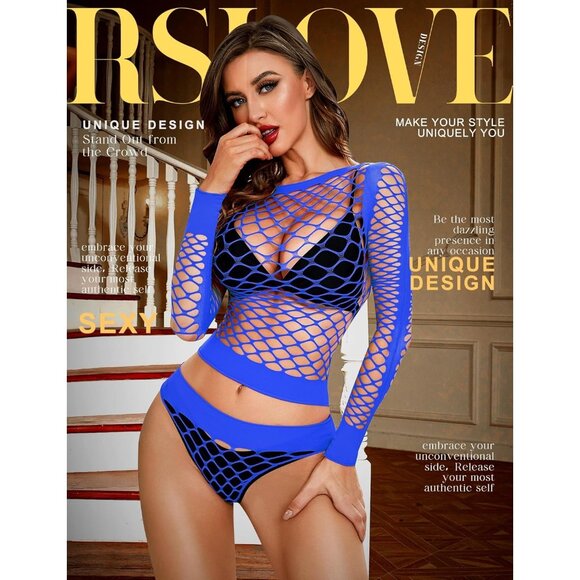 🆕 Women Blue Sexy Mesh Lingerie Fishnet Babydoll Long Sleeve Bodysuit Shirts - Picture 2 of 5